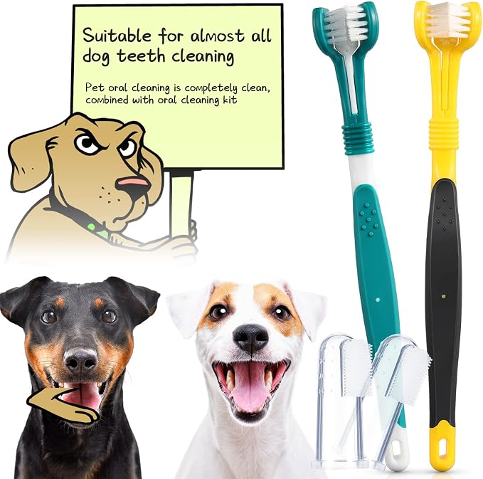 CHENGU 7 Count Dog Teeth Cleaning Kit Includes Tooth Scaler and Tarter Remover Scraper 3 Head Pet Toothbrush and Dog Finger Toothbrush Plaque Remover Tools(Classic Style,Black Yellow and Dark Green)