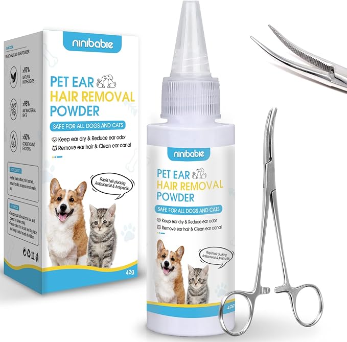 Dog Ear Powder for Hair Removal Kit, 42g, with Curved Grooming Tweezers
