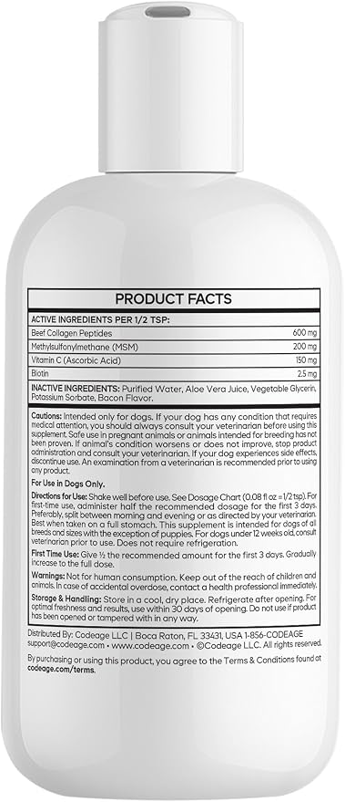 DNA PET Liquid Collagen for Dogs, Beef Peptides, Bacon Flavor, 4 fl oz