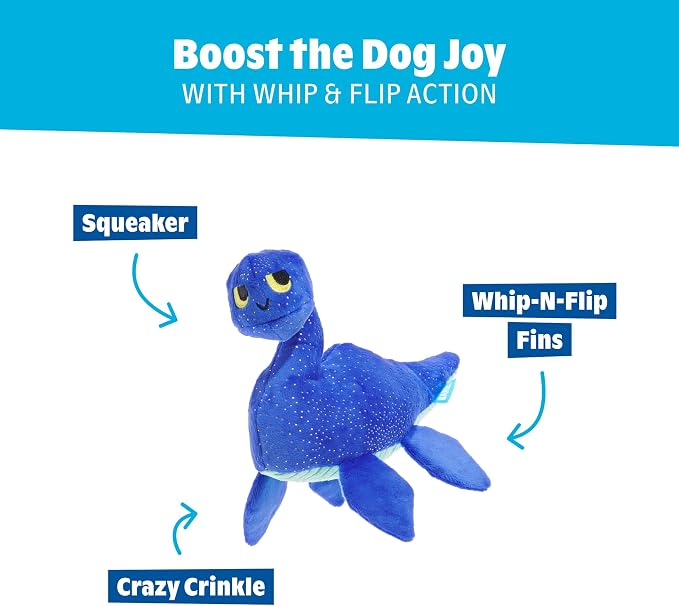 BarkBox Luke Ness Monster Dog Toy - Toy for Small Dogs | Cryptid Plush Toy with Whip-N-Flip Fins, Squeaker and Crinkle