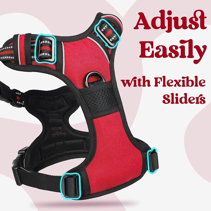 rabbitgoo Dog Harness for Large, Updated Easy On & Off with 3 Buckles | No Pull No Choke, Walking with 2 Clips and Handle, Adjustable Soft Reflective, Red, Large