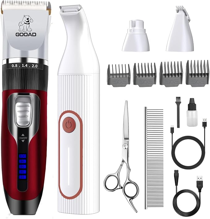 4-in-1 Dog Clippers Grooming Kit, Paw Trimmer & Nail Grinder for Thick Coats