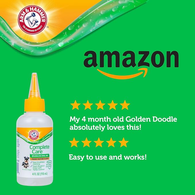 Arm & Hammer Complete Care Brushless Oral Dog Gel, Peanut Butter, 4 Oz | Rub-on formula, no brushing required, baking soda enhanced, freshens breath, controls tartar daily use