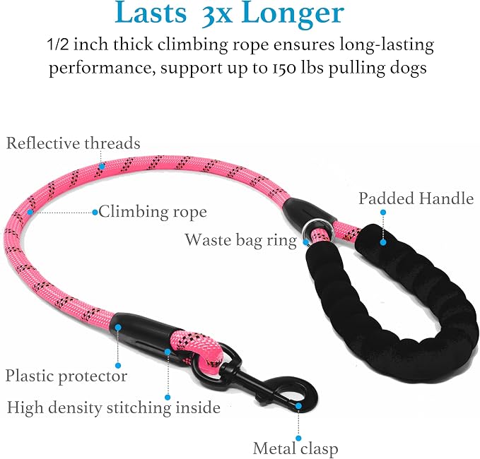 iYoShop Double Dog Leash, 360° Swivel, No Tangle, Large, 25-150 lbs, Pink | Dual Leash for Two Dogs, Split Leash, Shock-Absorbing Bungee, Padded Handle, Heavy-Duty Rope