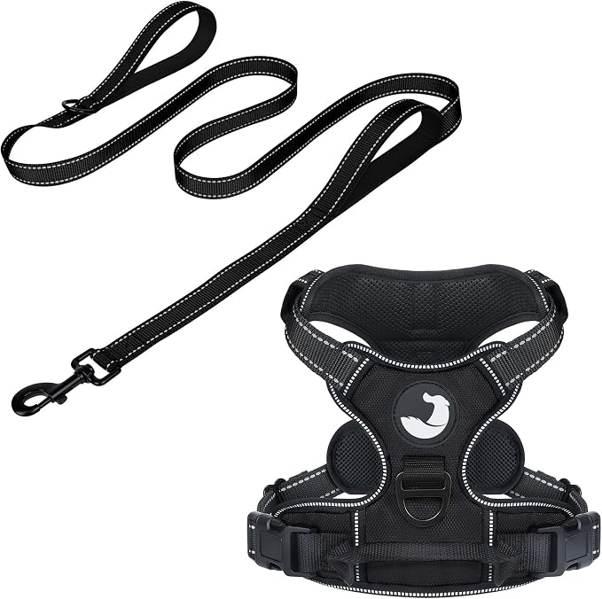5FT Double Handle Dog Leash for Training and Dog Harness (Chest: 14-28"), Reflective Leashes for Medium Dogs and Adjustable Soft No Pull Harness (Black,M)