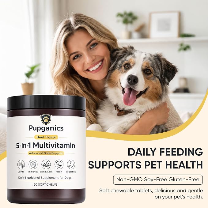 Pupganics Multivitamin Daily Soft Chews for Dogs, Pupganics 5 in 1 Multivitamin, Vitamin & Probiotics for Skin & Hair, Heart Health, Immune Support, Beef Flavor, 60 Soft Chews (1 PCS)