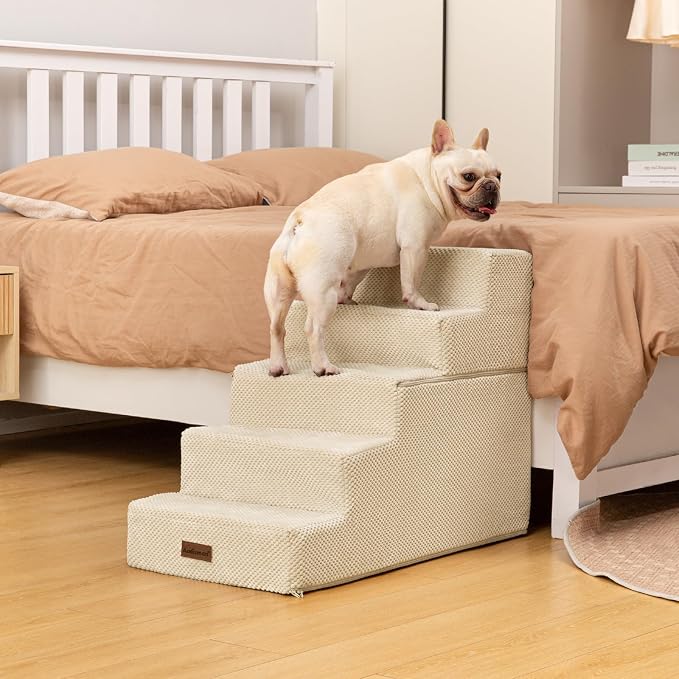 Aodisman Dog Stairs for High Bed 22.6" H,5-Step Dog Steps for Small Dogs and Cats,Indoor Non-Slip Balanced Pet Stairs are Suitable for Puppy,Older Cat,Beige