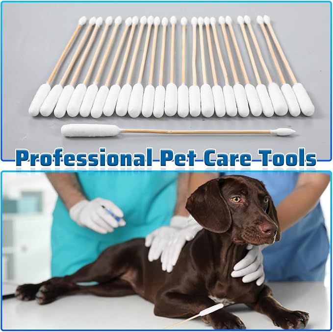 100PCS Long Cotton Dog Ear Swabs Double Sided Dog Ear Swabs 6 Inch Long Cotton Swab Large Double Sided Gentle Lint-Free Clean Wood Buds for Pet Dogs Ears Cleaning Wax Removal