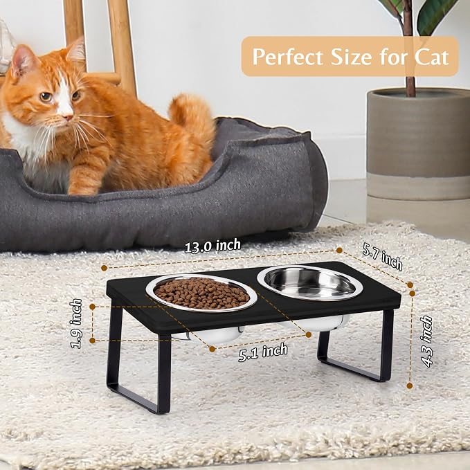 Elevated Cat Bowls for Food and Water - Loplurea 15° Tilted Raised Stainless Steel Cat Food Bowl with Black Bamboo Stand and Anti Vomit Feeding Station for Indoor Kittens and Pet
