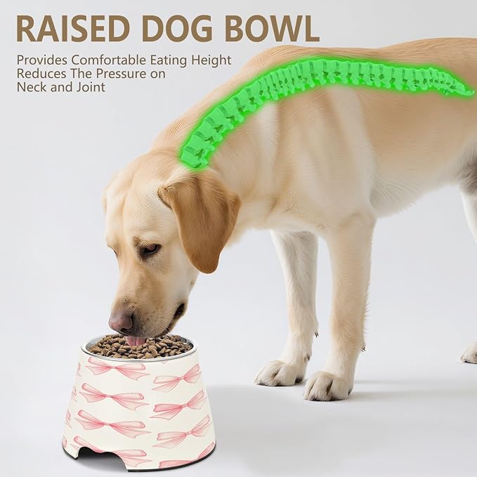 Blueangle Elevated Dog Bowls with Stainless Steel - Non-Slip 2.3 Cup High Capacity Pet Dish for Spinal Health & Pink Ribbon Bow Design（442）