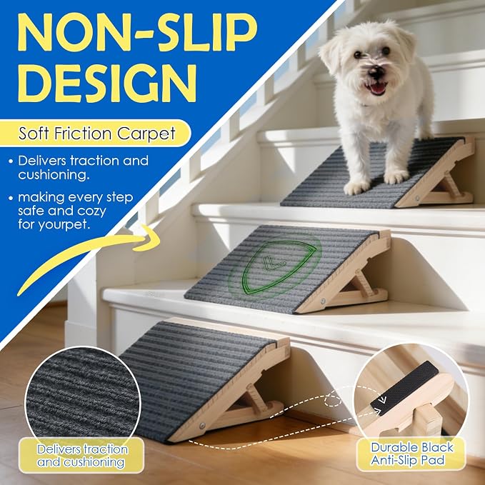 Adjustable Dog Ramp for Stairs, 2-Height Foldable Wooden Pet Steps | 3 Pack, 4.3"/5.5"H, Gentle on Joints, for Small & Senior Dogs, with Anti-Slip Carpet, Solid Wood, 170 lbs, No Assembly