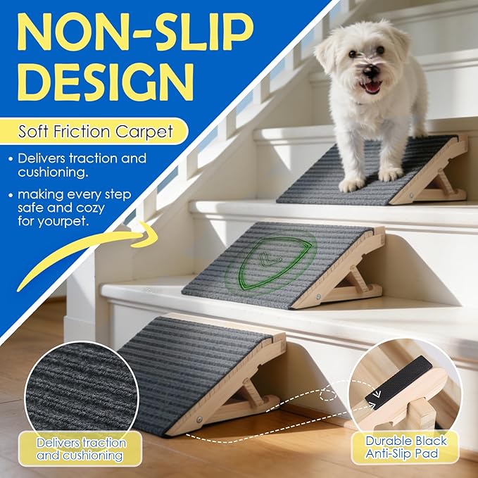 Adjustable Dog Ramp for Stairs, Foldable Wooden Dog Steps Anti-Slip | 4 Pack, Switch 4.3" or 5.5" Height, No Assembly, Gentle on Joints, for Senior & Injured Dogs, Natural Wood, 170 lbs