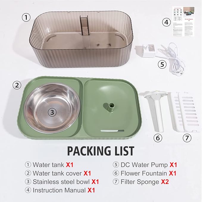 Cat Fountain Water Bowl Stainless Steel, 101oz/3L Automatic Pet Water Fountain, Dog Water Dispenser Cat Feeding Watering Supplies with 2 Filters for Cats, Dogs, Pets Green