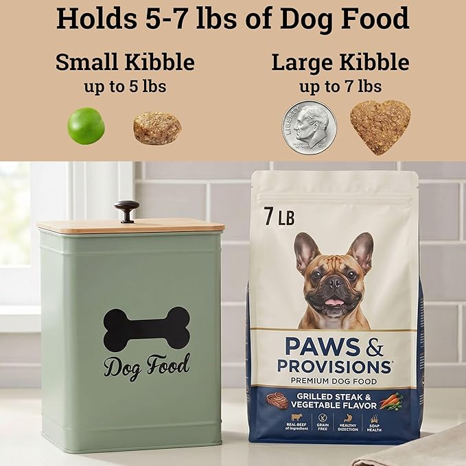 Metal Dog Food Container 5-7lb, 7lb, Bamboo, Sage Green: Bone