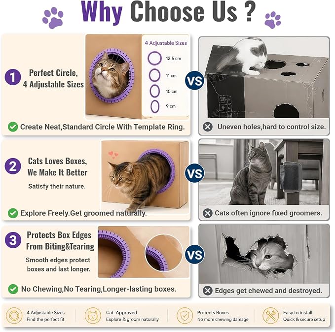 Cat Self Groomer Arch for Cardboard Boxes (Lavender | Start Kit) | Cat Brushes Tunnel& Massage Comb For Indoor Cats, Interactive Self Grooming Tool Brushes, For Cat Hideouts & Enrichment Play