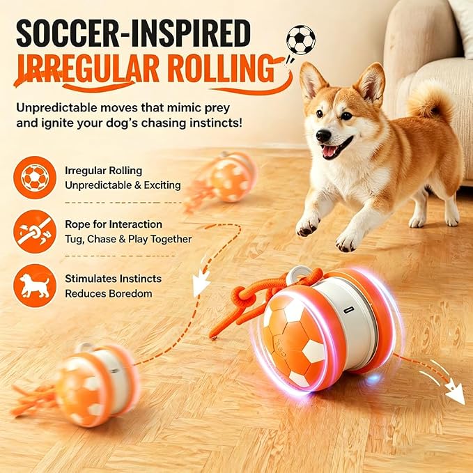 Smart Self Play Soccer Interactive Electric Automatic Moving Rolling Dog Chase Teaser Ball Toys with Rope Rechargeable Tough Durable Stimulation for Small Medium Large Dogs to Keep Busy