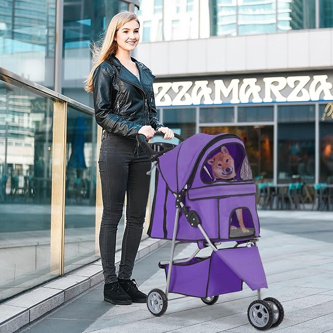 BestPet 3-Wheel Jogger Pet Stroller - Purple, Cup Holder & Removable Liner