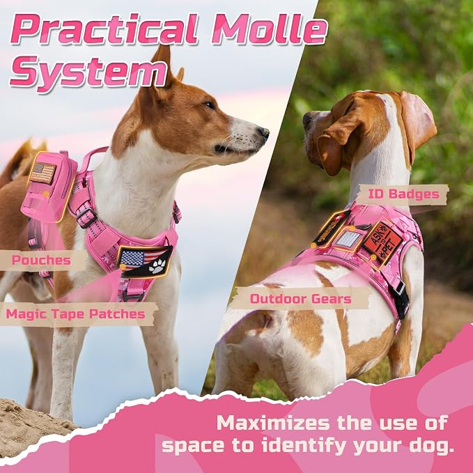 rabbitgoo Tactical Dog Harness for Medium, No Pull Military Service Vest | Molle & Handle, Heavy Duty, Adjustable, Reflective Straps, Easy Control for Training Walking, Pink camo, Medium