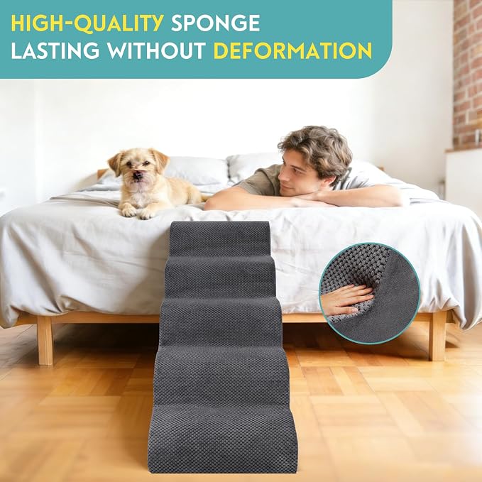 Dog Stairs for Small Dogs, 22.8" H Pet Stairs 5-Steps Ramp for Puppy, Older Cat, Stairs with Whole 30D High Density Foam, Corduroy Fabric, Non-Slip Bottom Dog Steps for Bed and Couch (Grey, 5-Step)