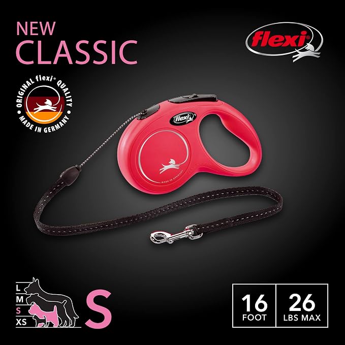 FLEXI® Classic Cord Retractable Dog Leash, Small, 16 ft - Red | German engineered, original flexi leash, durable quality for dogs up to 26 lbs, tangle-free, walking, reliable brake system