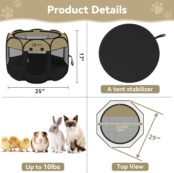 Siedihit Puppy Playpen for Small Dog Cat, Dogs Tent Crate Cage Indoor/Outdoor, Portable Pop Up Dog Kennel with Carrying Bag for Rabbits, Removable Top (Black Khaki, Small)