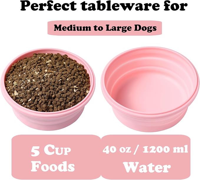 Joyinjojo Collapsible Dog Bowls with Lids, 2 Pack, Pink, 40oz