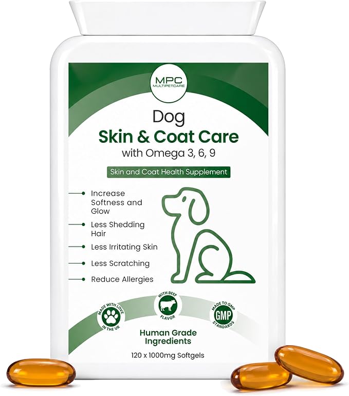 Dog Skin & Coat Supplement | Omega 3-6-9 Softgel Capsules | EPA, DHA & Linoleic Acid | Reduces Itching, Shedding & Dry Skin | Visibly Shinier Coat | Human Grade Ingredients | UK GMP | 120 Count