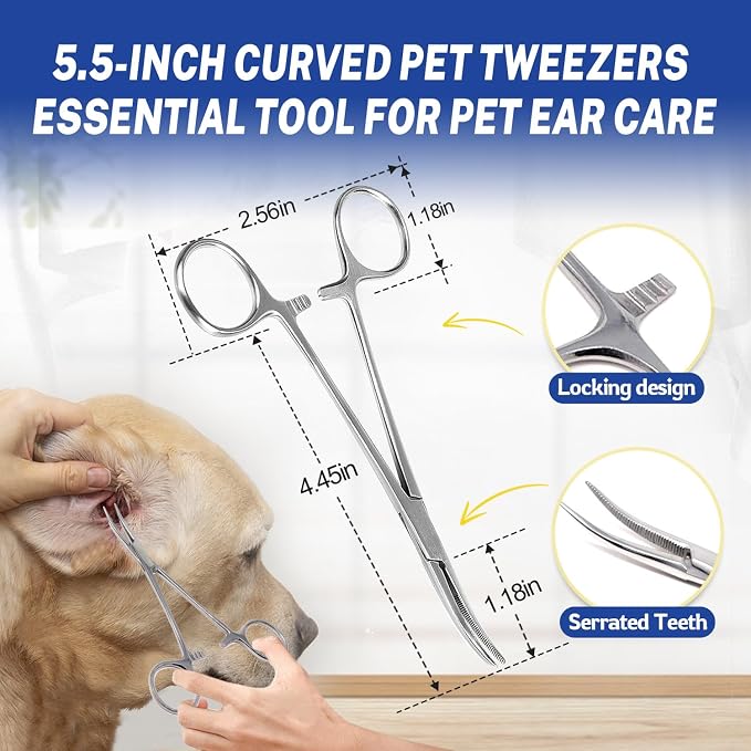 Dog Ear Hair Removal Kit with Ear Powder & 5.5" Curved Forceps