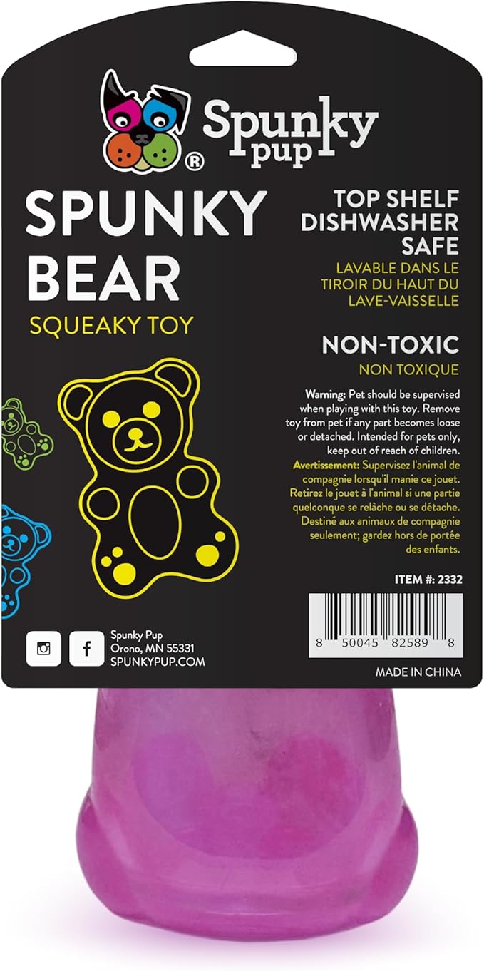 Spunky pup Spunky Bear Interactive Squeaky Dog Toys - Gummy Bear Shape, Crazy Bounce, Dishwasher-Safe, Assorted Neon Colors- Medium
