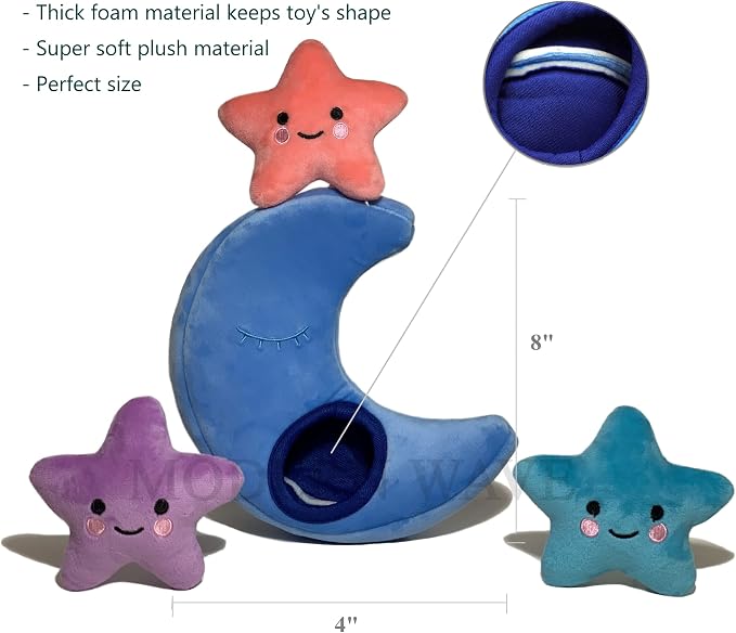 MODERN WAVE - Interactive Squeaky Plush Hide and Seek Squirrel Type Puzzle Toy for Dogs, Small Size (Moon and Stars)