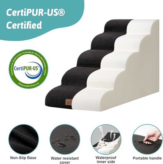 COZY KISS Dog Stairs for High Bed 22.6" H, Small Dog Step for Puppy, Older or Cat, Curved Ramp for Car, Ladder with High Density Foam, Lightweight, Durable, 15.7x33x22.6 inch, 5 Step, Black