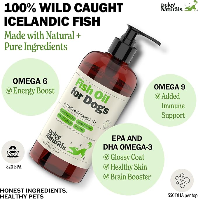 Deley Naturals Fish Oil for Dogs - Itch Relief for Dogs with Omega 3 6 9 for Skin, Joints, Heart and Brain Health - Icelandic Omega 3 Fish Oil for Dogs Skin Irritation - 16oz Omega Oil Made in USA