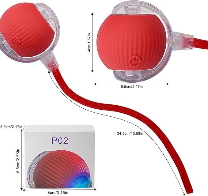 Interactive Cat Dog Toy Ball: Indoor Automatic Moving Smart Rolling Fun Pet Game with Led Light and Tail for Motion Activated, Kitten Puppy Present, Chase Exercise, Hunting Simulation-Upgrade (Red)