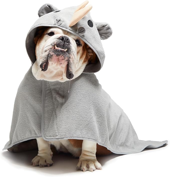 BARKBOX Dog Bathrobe - for Dogs - Medium | Fast Drying, Microfiber Bath Towel - Hook & Loop Closure and Wrap Tie - Machine Washable - Rhino
