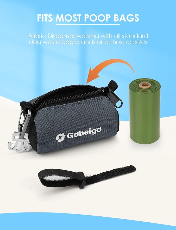 Gobeigo Dog Poop Bag Holder for Leash, Large Opening for Easy Pull Out, Doggy Poo Bag Dispenser with Used Waste Bag Carrier Suitable for Any Retractable Leash with 15 Unscented Bags (Gray)
