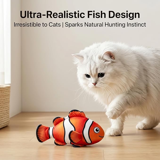 Flopping Fish Cat Toy, Interactive Moving Plush Cat Kicker Toy with Catnip Pocket, USB Rechargeable Automatic Wiggle Clownfish Toy for Indoor Kitten & Small Dogs, Single Clownfish（9.84Inch）