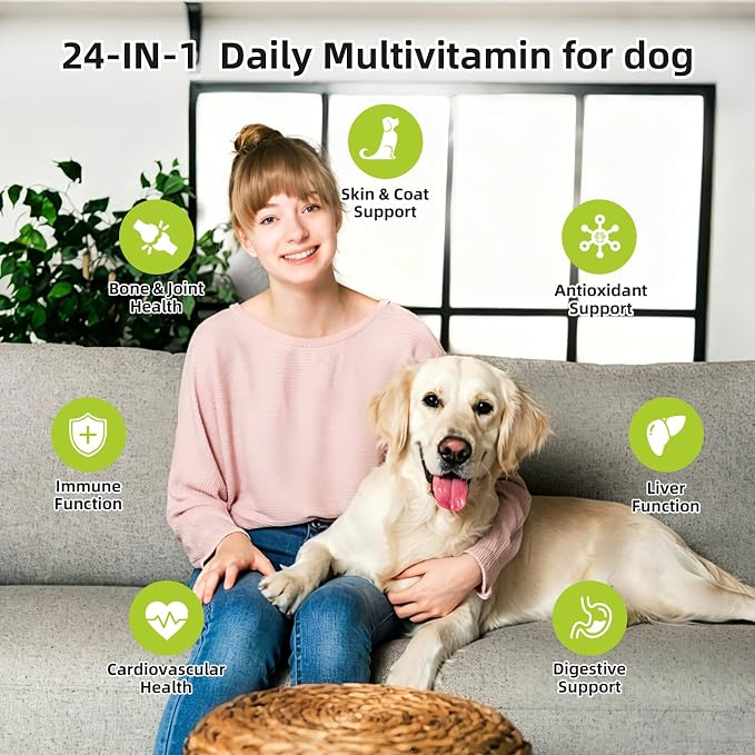 24-in-1 Dog Multivitamin Chews - Bone Shape, Duck Flavor - with Biotin, Taurine & Prebiotic FOS for Skin, Coat, Heart, Gut & Joint Support - for Puppies, Adults & Senior Dogs (120 Soft Chews)