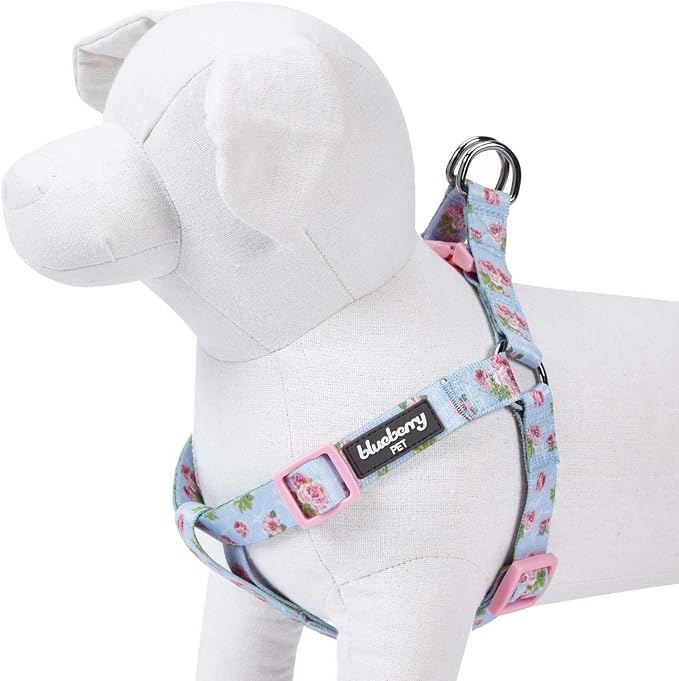 Blueberry Pet 9 Patterns Step-in Spring Scent Inspired Rose Blossom Floral Print Pastel Blue Dog Harness, Chest Girth 20" - 26", Medium, Adjustable Harnesses for Dogs