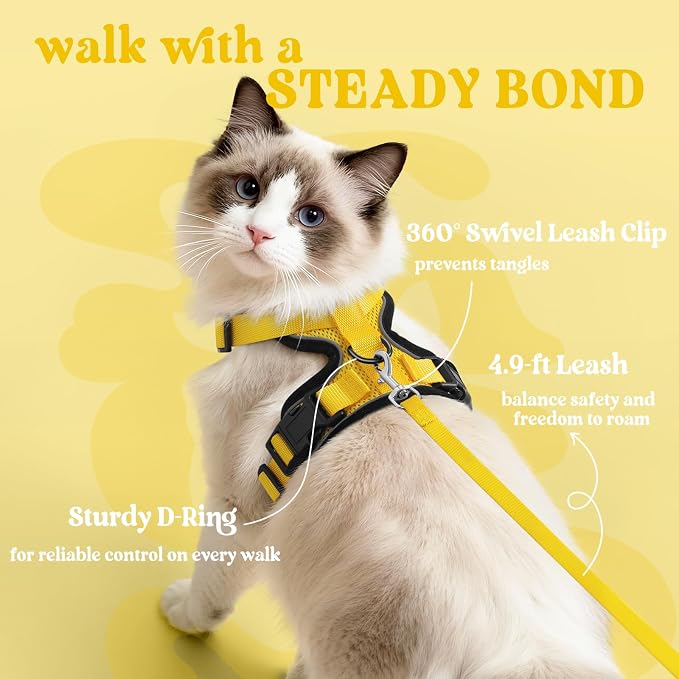 rabbitgoo Cat Harness and Leash Set, Escape Proof Vest, Yellow | Soft Breathable Mesh, Easy Adjustable Fit, Snap Buckles, Sturdy Clip, Reflective Strips, for Medium to Large Cats Walks, M