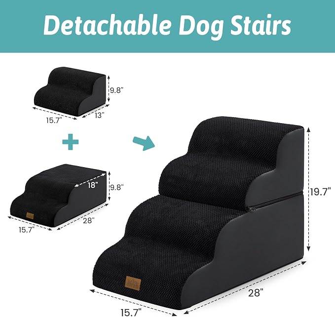 COZY KISS Detachable Curved Dog Stairs 19.7" H, 4 Step Small Dog Step for Puppy or Older Cat, Ramp for Bed, Sofa, Couch or Chair, Ladder with High Density Foam, 15.7x28.3x19.7 inch, Black