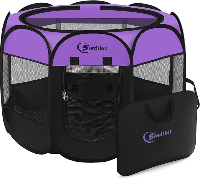 Siedihit Dog Playpen, Puppy Pet Playpen, Dog Crate Tent Cage Indoor/Outdoor, Portable Pop Up Dogs Kennel Playpen with Carrying Case for Dogs/Cats/Rabbits, Purple, Medium