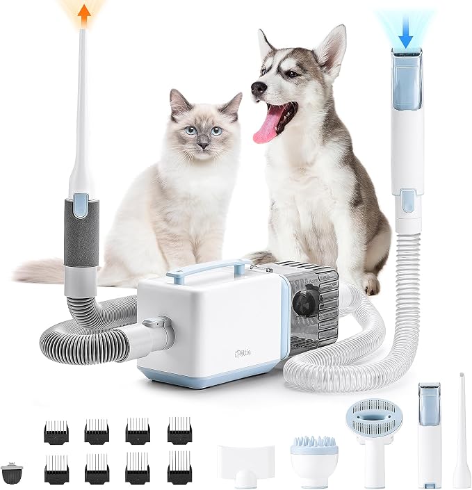 iPettie D23 Pro Pet Grooming Kit for Dogs: Vacuum Dog Brush and Dog Trimmer Vacuum — 95°F-140°F Adjustable Temperature, Adjustable Wind Speed, 23000 PA Suction for All Pet Grooming Needs