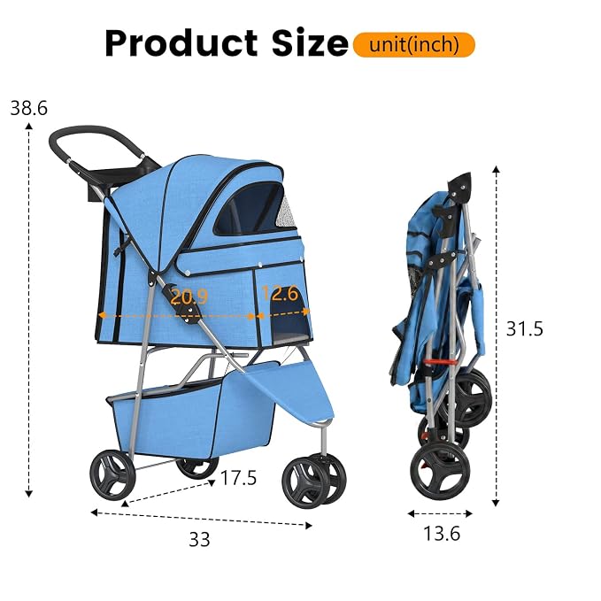 BestPet 3-Wheel Pet Stroller - Blue, Breathable Mesh