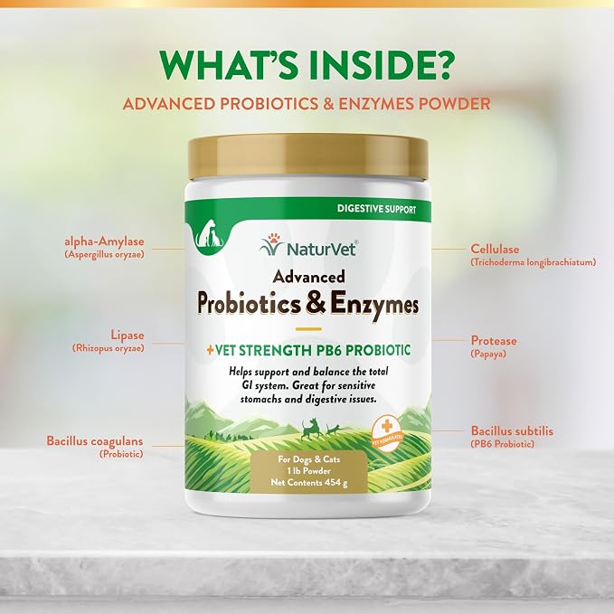 NaturVet Advanced Probiotics & Enzymes Powder for Dogs & Cats - 1lb