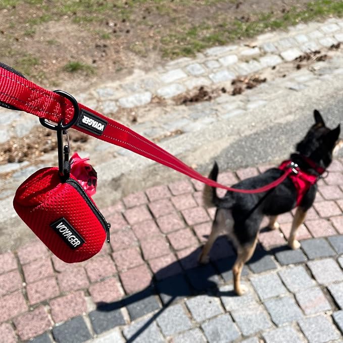 Best Pet Supplies Dog Poop Bag Holder Leash Attachment with 15 Bags, Red, Reusable Mesh Dispenser Pouch for Travel, Walking, Park, and Outdoor Use, Soft and Durable with Clip-On