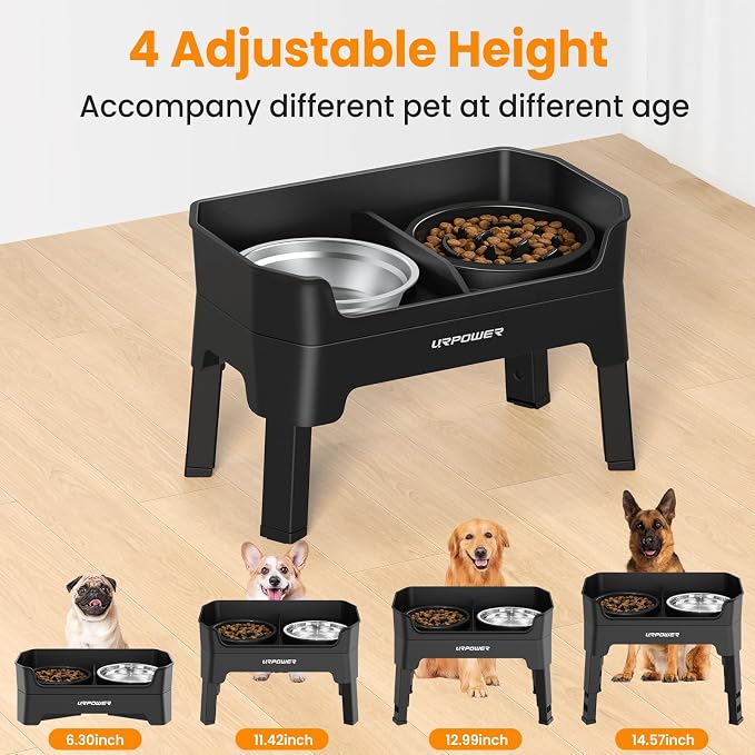 URPOWER 3-in-1 Elevated Dog Bowls - Mess Proof Double Deck 4 Height Adjustable Raised Stand with Stainless Steel Bowl & Slow Feeder & Licking Plate for Small, Medium & Large Dogs