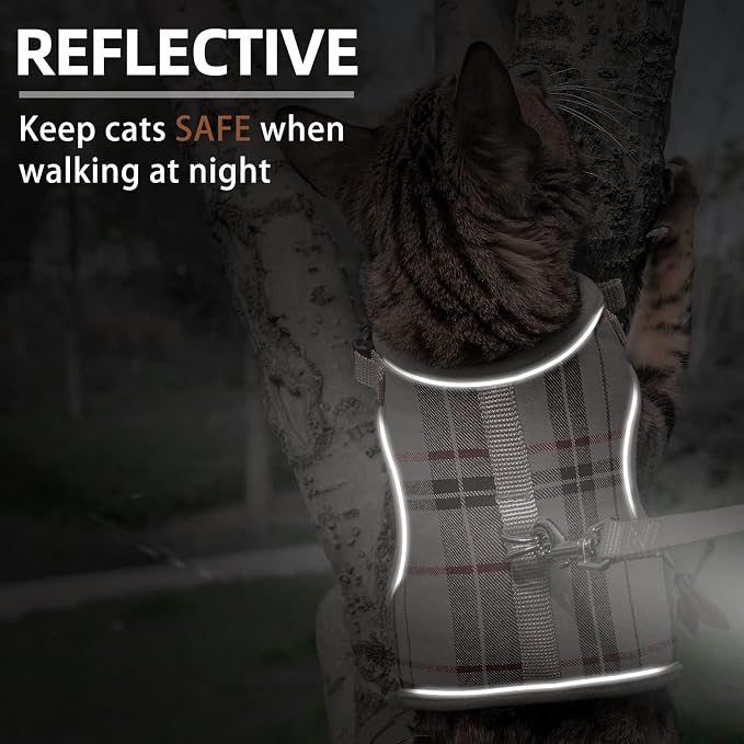 PUPTECK Soft Mesh Cat Vest Harness and Leash Set Puppy Padded Pet Harnesses Escape Proof for Cats Small Dogs Rabbits Bunny, Plaid Beige, XL
