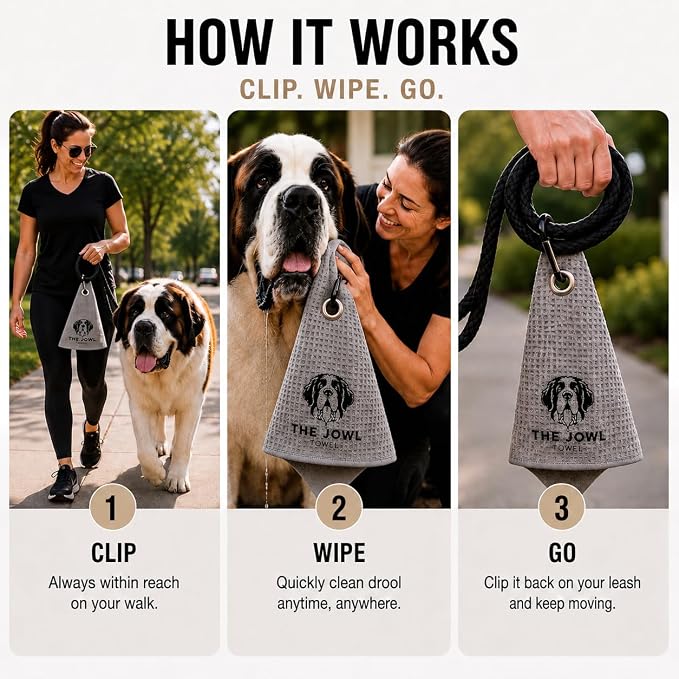 Dog Drool Towel for Large Dogs – Absorbent Microfiber Drool Catcher, Collar & Leash Attachment, Convenient Alternative to Drool Bibs (3 Pack)