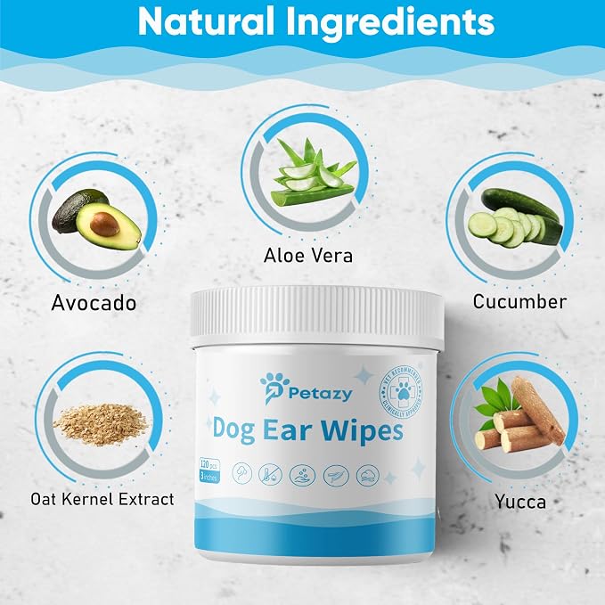 Petazy Dog Ear Wipes for Dog Yeast Wax Itch and Odor | Unscented Dog Ear Cleaner for Dogs | Natural Cleaning Puppy Ear Wipes | Soothing Ear Wipes for Pets Cat | Natural Ingredients | 120 XL Pcs