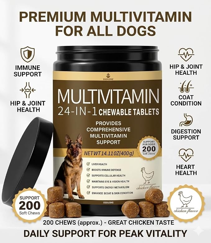 All-in-One Dog Multivitamin Chews 200 Count, Glucosamine Chondroitin Omega 3 Salmon Oil Probiotics, Joint Gut Immune Skin Coat Support, Chicken Flavor